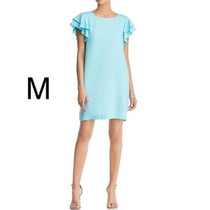 NWT LE GALI bright turquoise flutter short cap sleeves shift dress chiffon